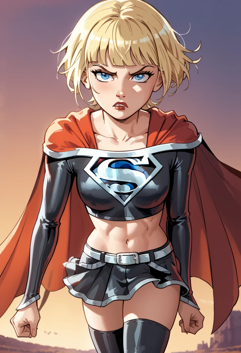 Emma Hanes radiates a powerful and enigmatic aura in the dark Supergirl costume, adding a mysterious edge to her otherwise lively demeanor. The bodysuit, crafted in a deep charcoal gray with a crimson and black "S" emblem, enhances her commanding presence. A matching dark red cape cascades down her back, adding drama and intensity to her look, while the black skirt and black boots tie the outfit together with a sleek and formidable style. Her blonde hair contrasts strikingly with the dark palette, catching the light as it frames her sharp, determined features. Emma’s eyes, often filled with warmth, now reflect a deeper, more contemplative strength, hinting at a resolve forged through challenges. Her posture is confident yet restrained, one hand resting on her hip while the other subtly grips the cape, as though prepared to take flight at a moment’s notice. In the dark Supergirl costume, Emma Hanes represents a hero who has embraced both light and shadow, demonstrating resilience and adaptability. She inspires awe and respect, proving that strength comes not only from ideals but also from the courage to face and overcome life’s adversities. Emma Hanes, blonde hair,short hair,blunt bangs,blue eyes, 1girl, solo,