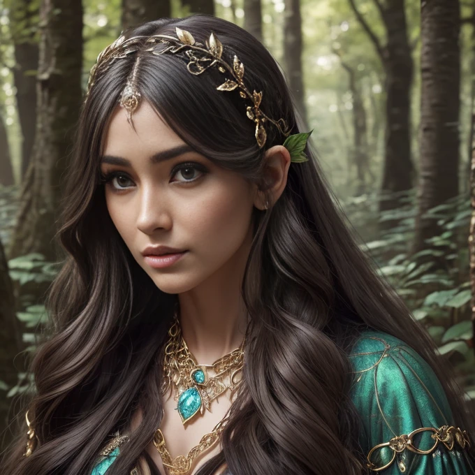 1 elve woman,  long hair, ultra detailed face and eyes, hyperrealistic, realistic representation, 30 years old, dances through a fairy forest, pretty face, her clothes consist of chains