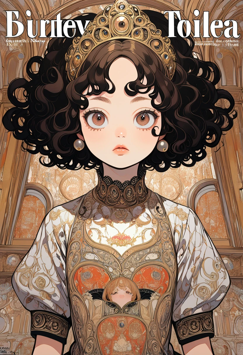 1 dolly girl, solo, little fat, brown eyes, forehead, black messy curly bob hair, drooping eyes, very cute, close mouth, elegant pose, palace, luxury, majesty, patterned t-shirt, magazine cover, english text, Egon Schiele: Expressionism style, Gustav Klimt: art nouveau style,