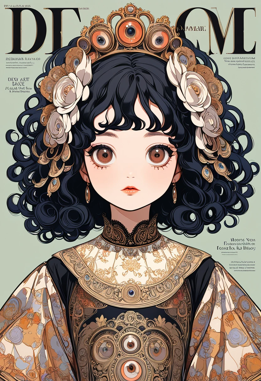 1 dolly girl, solo, little fat, brown eyes, forehead, black messy curly bob hair, drooping eyes, very cute, close mouth, elegant pose, palace, luxury, majesty, patterned t-shirt, magazine cover, english text, Egon Schiele: Expressionism style, Gustav Klimt: art nouveau style,