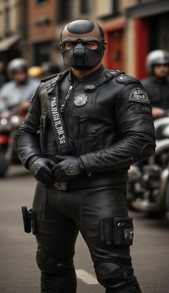 一個肌肉發達的成年男性的Full body image。 Men's Wear Police Tactical Clothing Tactical Equipment Police Tactical Unit，PTU 黑色皮革Full body image、 mask and mask . Wearing Police Leather Jacket ，leggings. Tactical boots.Leather Suitable for Full Body Coverage 。  smooth leather 。   Dark Atmosphere 。 Low Light。  Faint light casts dramatic shadows 。Police Heavy Duty Motorcycle . Strange otherworldly atmosphere 。  Another world city 。 Full body image。。 full-body photo 。 fantasy