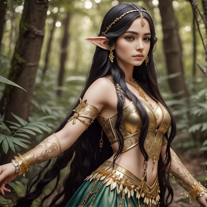 1 elve woman,  long hair, ultra detailed face and eyes, hyperrealistic, realistic representation, 30 years old, dances through a fairy forest, pretty face, her clothes consist of chains, clothes color gold