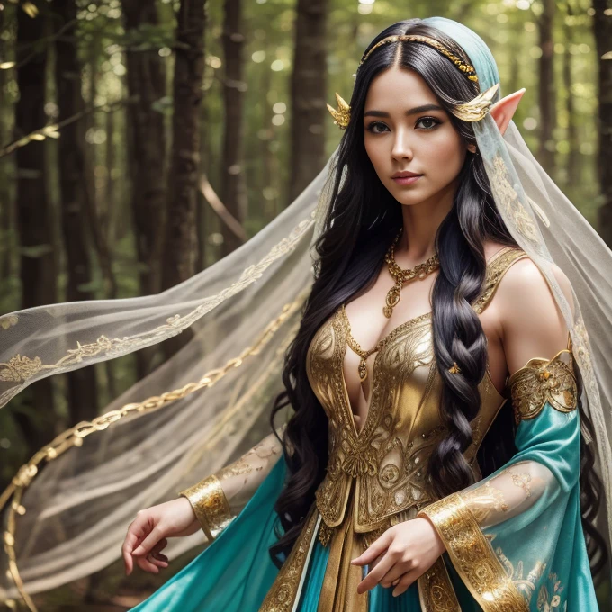 1 elve woman,  long hair, ultra detailed face and eyes, hyperrealistic, realistic representation, 30 years old, dances through a fairy forest, pretty face, her clothes consist of chains, clothes color gold