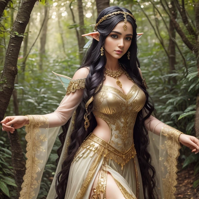 1 elve woman,  long hair, ultra detailed face and eyes, hyperrealistic, realistic representation, 30 years old, dances through a fairy forest, pretty face, her clothes consist of chains, clothes color gold