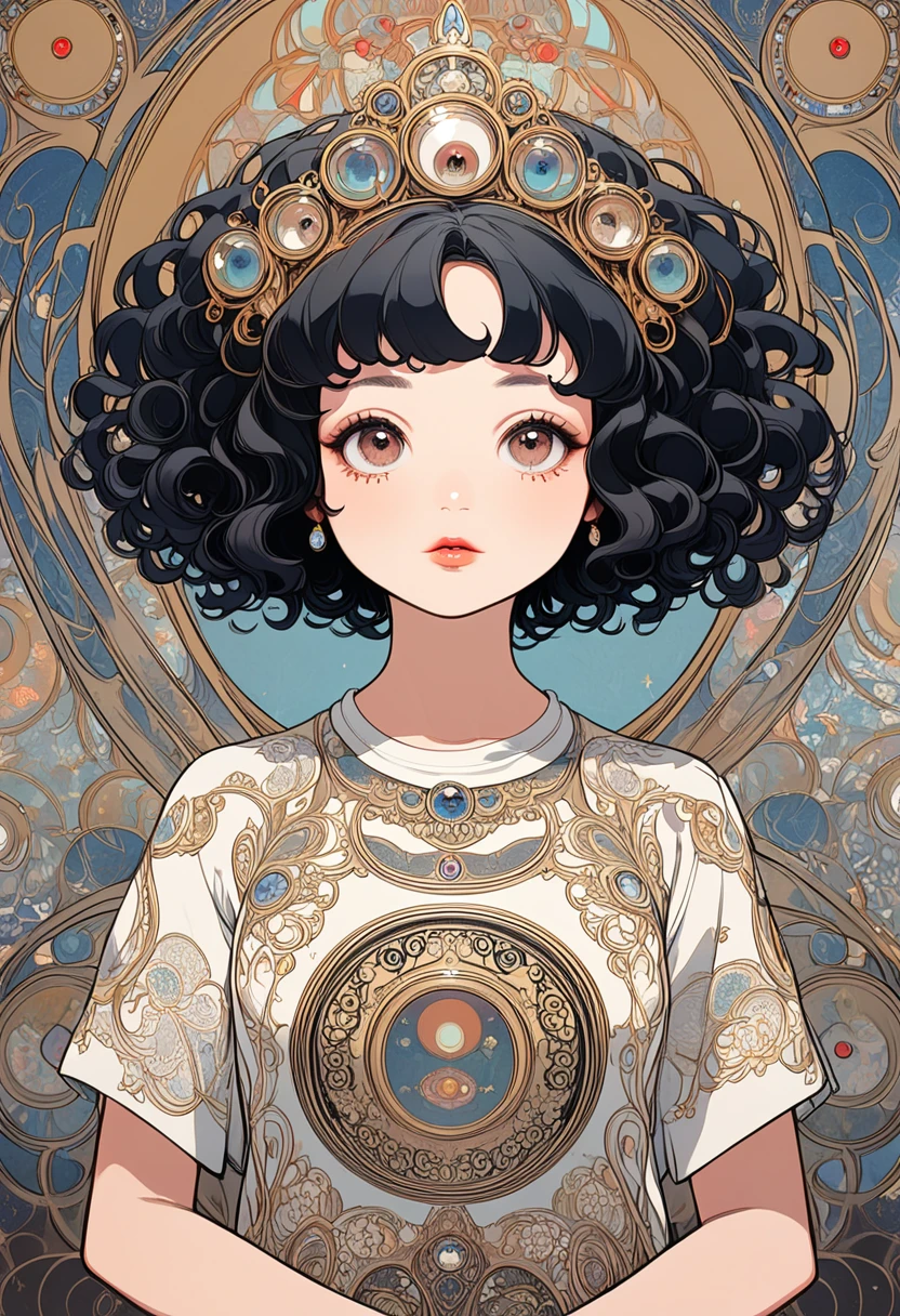 1 dolly girl, solo, little fat, brown eyes, forehead, black messy curly bob hair, drooping eyes, very cute, close mouth, elegant pose, palace, luxury, majesty, patterned t-shirt, legs, magazine cover, english text, EAlphonse Mucha: art-nouveau style, Gustav Klimt style,