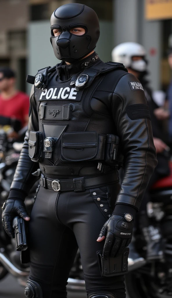 一個肌肉發達的成年男性的Full body image。 Men's Wear Police Tactical Clothing Tactical Equipment Police Tactical Unit，PTU 黑色皮革Full body image、 mask and mask . Wearing Police Leather Jacket ，leggings. Tactical boots.Leather Suitable for Full Body Coverage 。  smooth leather 。   Dark Atmosphere 。 Low Light。  Faint light casts dramatic shadows 。Police Heavy Duty Motorcycle . Strange otherworldly atmosphere 。  Another world city 。 Full body image。。 full-body photo 。 fantasy.p2pplay