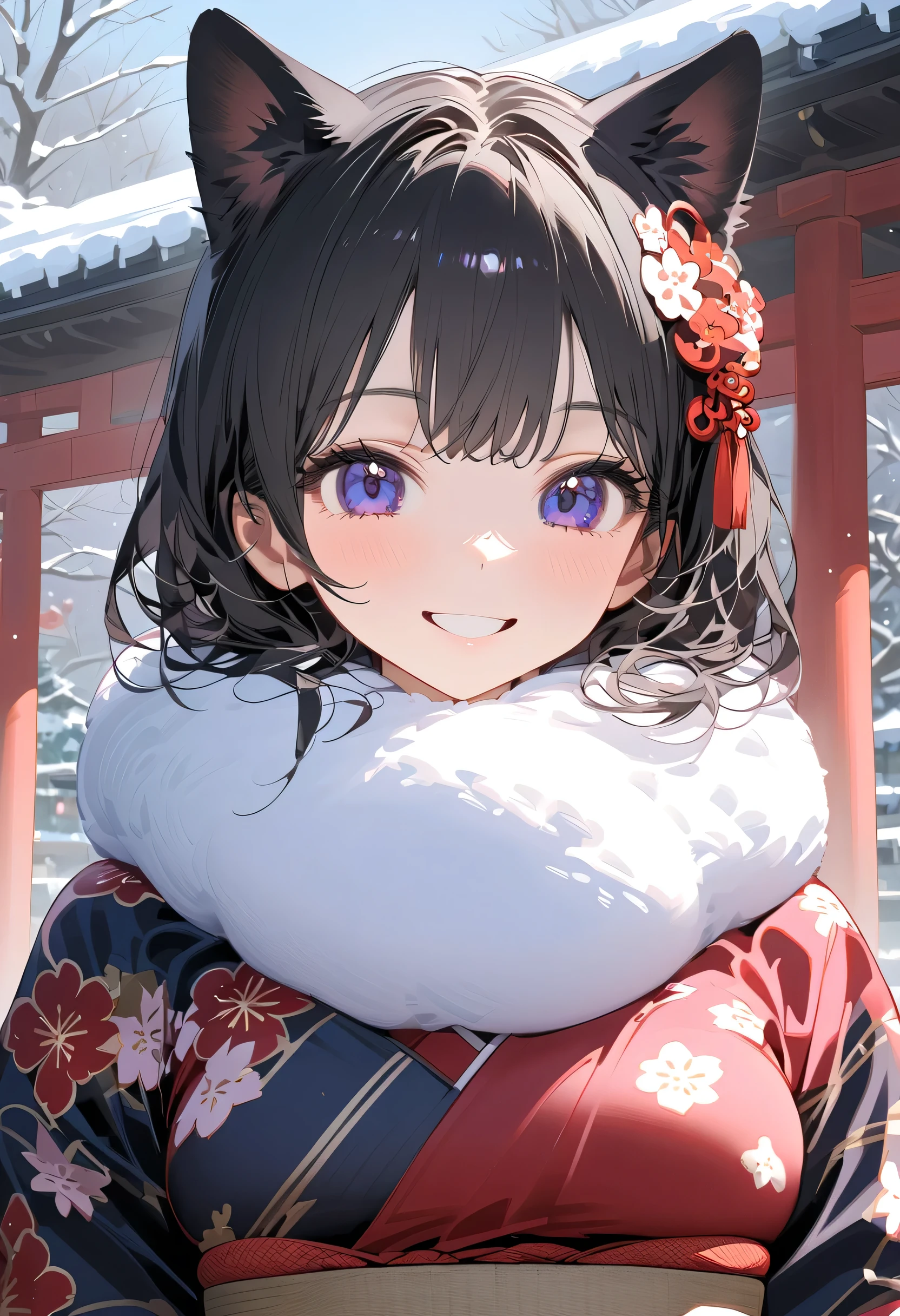 Age 19，      Woman with Dog Ears，   Very black hair，                black ear              ， January， adult，kimono，new year，New Year's Shrine Visit       ，winter， ，smile， upper body，I'm wrapping a white squishy thing around my neck