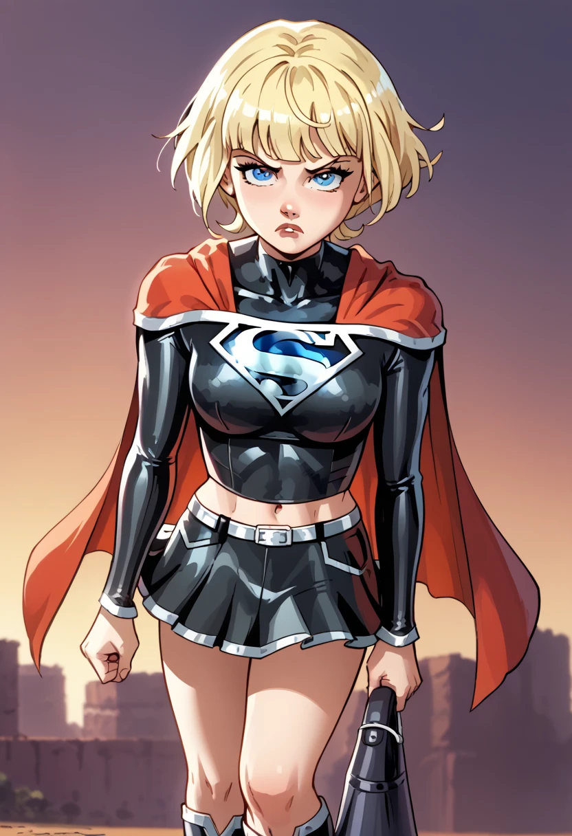 Emma Hanes radiates a powerful and enigmatic aura in the dark Supergirl costume, adding a mysterious edge to her otherwise lively demeanor. The bodysuit, crafted in a deep charcoal gray with a crimson and black "S" emblem, enhances her commanding presence. A matching dark red cape cascades down her back, adding drama and intensity to her look, while the black skirt and black boots tie the outfit together with a sleek and formidable style. Her blonde hair contrasts strikingly with the dark palette, catching the light as it frames her sharp, determined features. Emma’s eyes, often filled with warmth, now reflect a deeper, more contemplative strength, hinting at a resolve forged through challenges. Her posture is confident yet restrained, one hand resting on her hip while the other subtly grips the cape, as though prepared to take flight at a moment’s notice. In the dark Supergirl costume, Emma Hanes represents a hero who has embraced both light and shadow, demonstrating resilience and adaptability. She inspires awe and respect, proving that strength comes not only from ideals but also from the courage to face and overcome life’s adversities. Emma Hanes, blonde hair,short hair,blunt bangs,blue eyes, 1girl, solo, full body