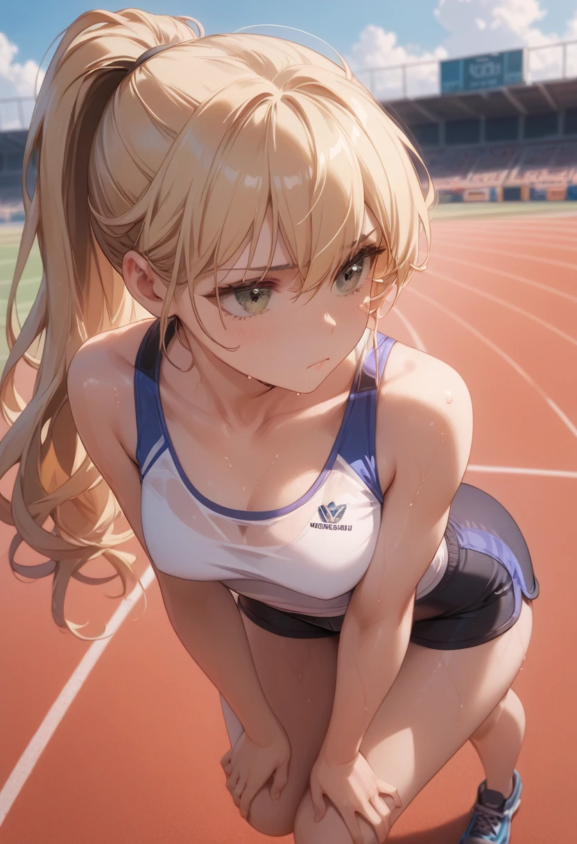 Full body,three sizes are 24,28,32,petite,fit,athletic,tomboy,pouting,long hair,blond,green eyes,ponytail hairstyle,high neck tank top,cute,sad,lonely,track and field,running track,sweaty,bending over,tight shorts,