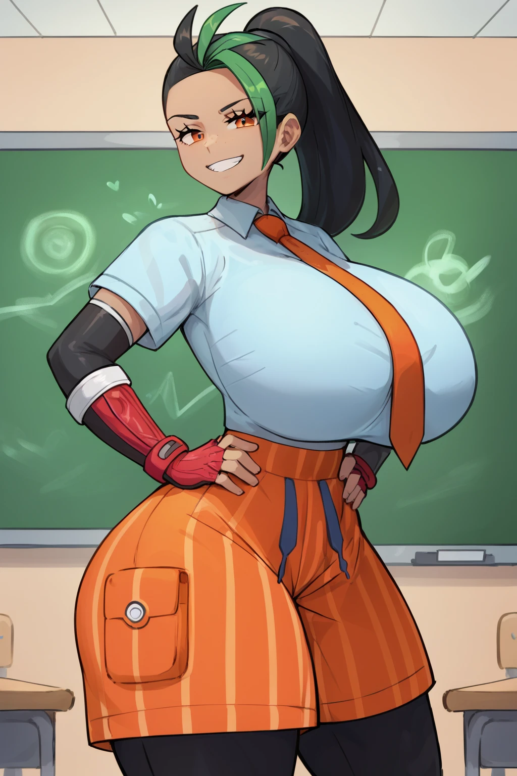 Nemona from Pokemon, Tanned Skin, Black Hair, Green Hair Streak, Orange Eyes, White School Uniform, Orange Tie, Orange Shorts, Black Thigh Highs, In a Classroom, Hands on Hips, Smug, Huge Breasts, Huge Breasts, Massive Breasts, Wide Hips, Thin Waist, Very Thin Waist, Wasp Waist, Solo, Aerial View, Smiling, (cartoon-style bold line work:1.2), vibrant colors, cel shading, Simplistic Art Style, looking at viewer, solo