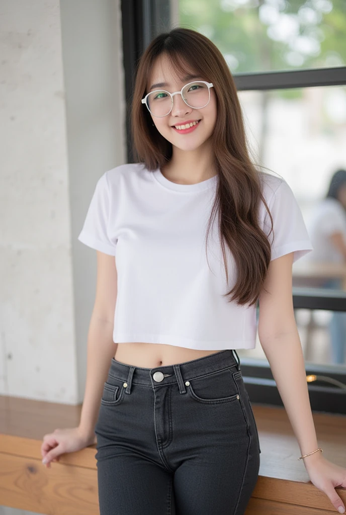  Korean girl with long hair ,  Natural Brown Hair ,   medium chest,  Smiling, seeing white teeth,  Wear a white cropped T-shirt with a round neck, short sleeves,  Long black jeans, RANDOM GESTURES, stand ,  Daylight  ,  daylight  ,That in the cafe  ,Fashion glasses with white frames on the hair