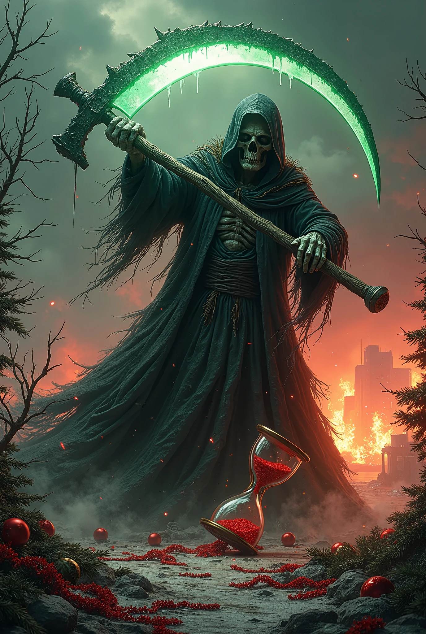 ultra-realistic, photorealistic, dramatic scene, cinematic lighting, shadow, global-illumination, a terrifying reaper in a dynamic pose, (massive cloaked figure mid-swing:1.5), its skeletal face visible beneath a tattered black hood, (scythe with a glowing ghostly green blade:1.3), the motion of its swing captured in vivid detail, (long bony fingers gripping the scythe tightly:1.2), a colossal Christmas tree cleaved in two by the reaper’s blade, (tree halves crashing to the ground:1.4), scattered ornaments and broken lights glinting faintly amidst the debris, (shattered red and gold baubles:1.2), twisted tinsel lying in disarray on the charred ground, (dark crimson sky with swirling storm clouds:1.5), (flames licking the ruins of a distant city:1.3), ash and embers falling like snow, (withered, lifeless trees surrounding the scene:1.3), (a massive hourglass floating beside the reaper:1.4), its red sand almost depleted, faint ghostly figures swirling around its imposing form, the atmosphere heavy with despair and finality, (ominous wind blowing debris and ash:1.3), an overwhelming sense of hopelessness and destruction.
