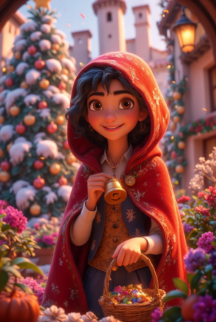  A beautiful bell in the hand of a girl wearing a beautiful New Year's red Cloak with fur, Snowy winter season ,  masterpiece fails, 8 k,  complicated details,  maximum quality ,  better quality , 