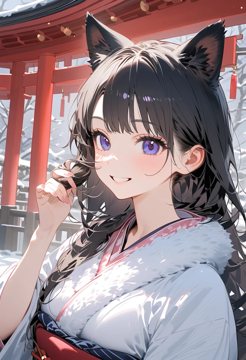 Age 19，       Woman with Dog Ears，   Very black hair，                 black ear               ， January， adult，kimono，new year，New Year Shrine Visit        ，winter， ，smile，  upper body，I'm wrapping something soft white around my neck， long hair on her face， I'm brushing my hair with my left hand， wind is blowing，