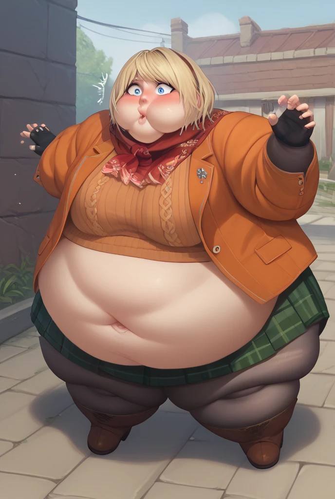 AshleyRE4, 1girl, solo, blonde hair, blue eyes, red scarf, orange jacket, sweater, green plaid skirt, pantyhose, brown knee boots, , fingerless gloves, padded gloves, looking at another, obese, shocked, blush , uber inflation, puffed eyes, puffed cheeks, body inflation, puffed hands, puffed feet, puffed legs, puffed arms