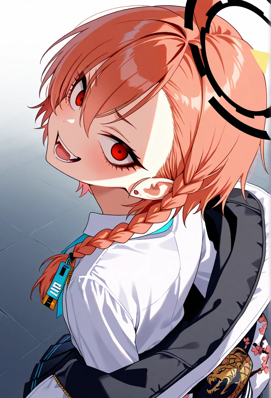 (safe:1.10), best quality, masterpiece, highres, solo, (neru_bluearchive:1.10),upper body, looking up, looking back ,head tilt,looking at viewer, crazy eyes, evil smile, open mouth, neru mikamo, halo, red hair, short hair, single braid, print jacket, Collared shirt, Long sleeves, Pleated skirt, cowboy shot, face focus,