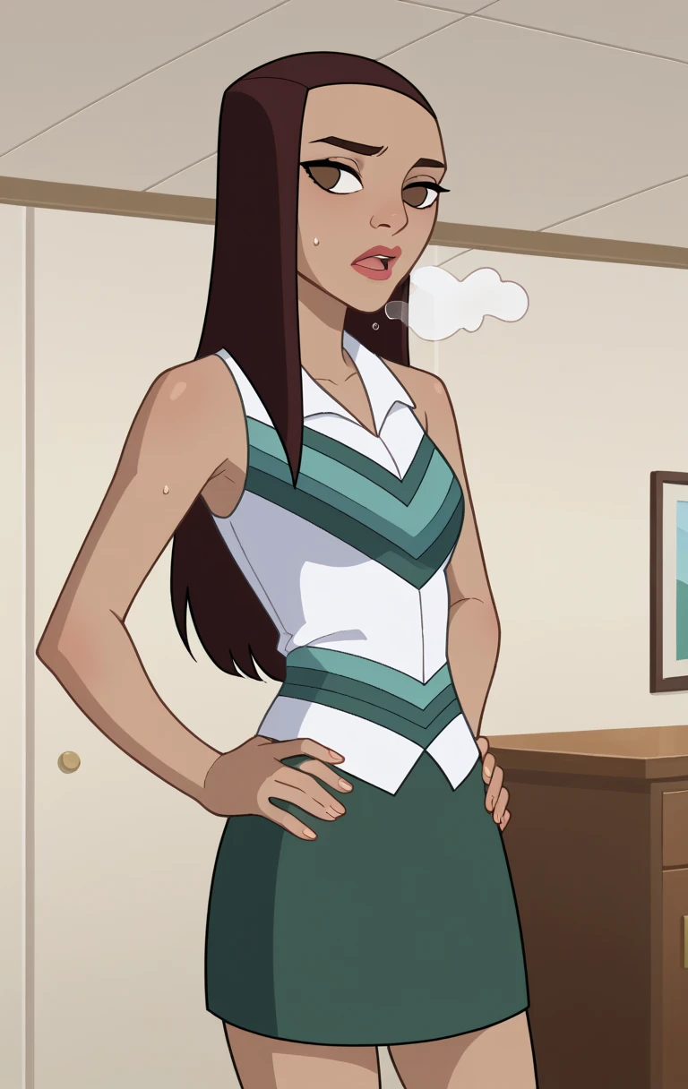 score_9,score_8_up,score_7_up BREAK LizAllanmarlo,1girl,solo,long hair,skirt,shirt,black hair,brown eyes,white shirt,sleeveless,dark skin,dark-skinned female,lips,lipstick,striped shirt,green skirt,cowboy shot,room,room background, hands on hips, tired exporession, sweaty, out of breath, open mouth