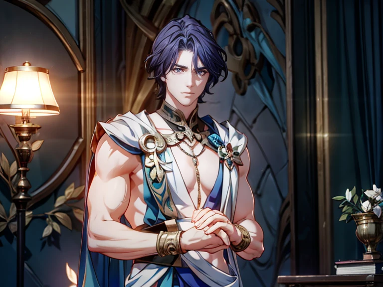   1 boy,Handsome face,    perfect male body，dark blue purple hair， Thinking about holding hands and chin， Sexy Body，Blue and white clothes，Clear picture，（  red eyes ）， red eyeshadow，crimson pupils， hair with a bay leaf  ,（Imitation Socratic statue），Dim lighting ,masterpiece,Super realistic 8k ,Half Body, portrait,  ray tracing ， transparent background，Greek style，Half naked