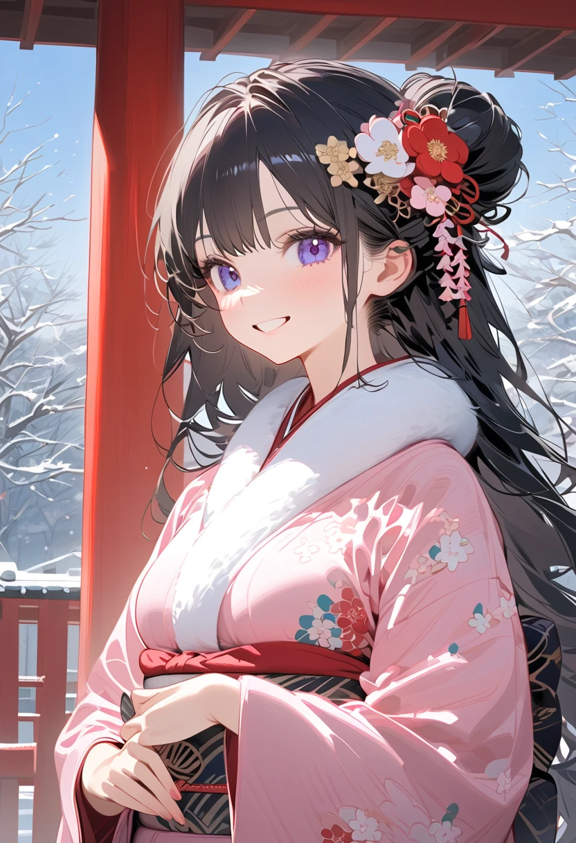 Age 19，        Woman with Dog Ears，   Very black hair，                  black ear                ， January， adult，kimono，new year，New Year's Shrine Visit         ，winter， ，smile，  whole body，I'm wearing something soft white around my neck，   long hair，   brushing my hair with my left hand  ，  the wind is blowing， flower hair ornament with bun head 