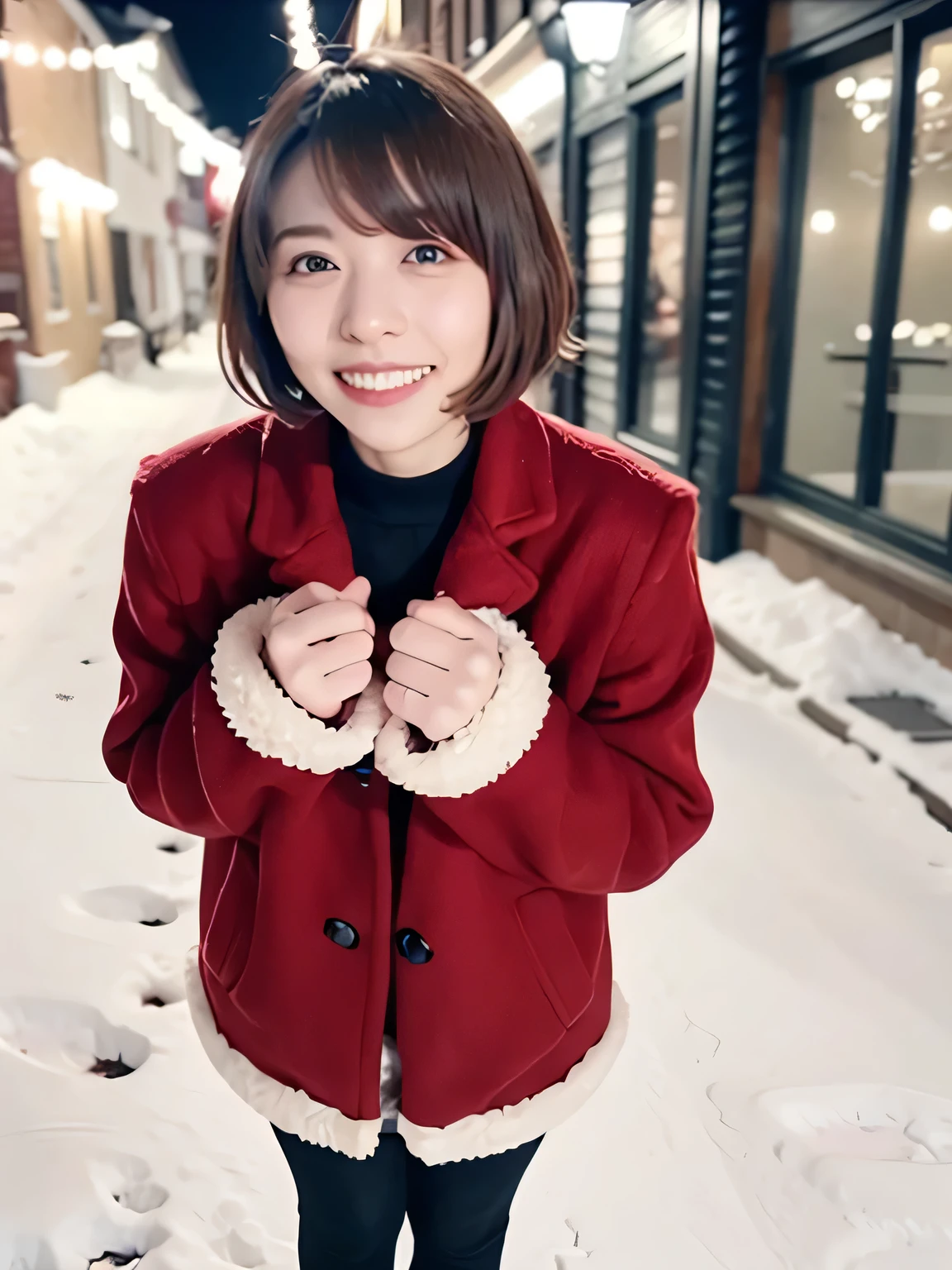 A young woman dressed in a classic Santa Claus outfit stands at a bustling street corner, her red and white coat and matching skirt perfectly tailored to her petite frame. Black boots crunch softly against a thin layer of fresh snow. On her back, she carries a large white sack brimming with presents, the fabric slightly bulging as if barely containing the festive treasures within. The warm glow of Christmas lights strung across storefronts reflects off the snow-covered ground, while the sky transitions from a fiery orange of sunset to a deepening twilight blue. Snowflakes drift lazily through the air, adding a touch of magic to the scene. Her radiant smile and sparkling eyes exude joy, creating a stark yet heartwarming contrast to the serene winter evening, embodying the spirit of the season. 20-year-old woman. smiles gently, FRIENDLY.