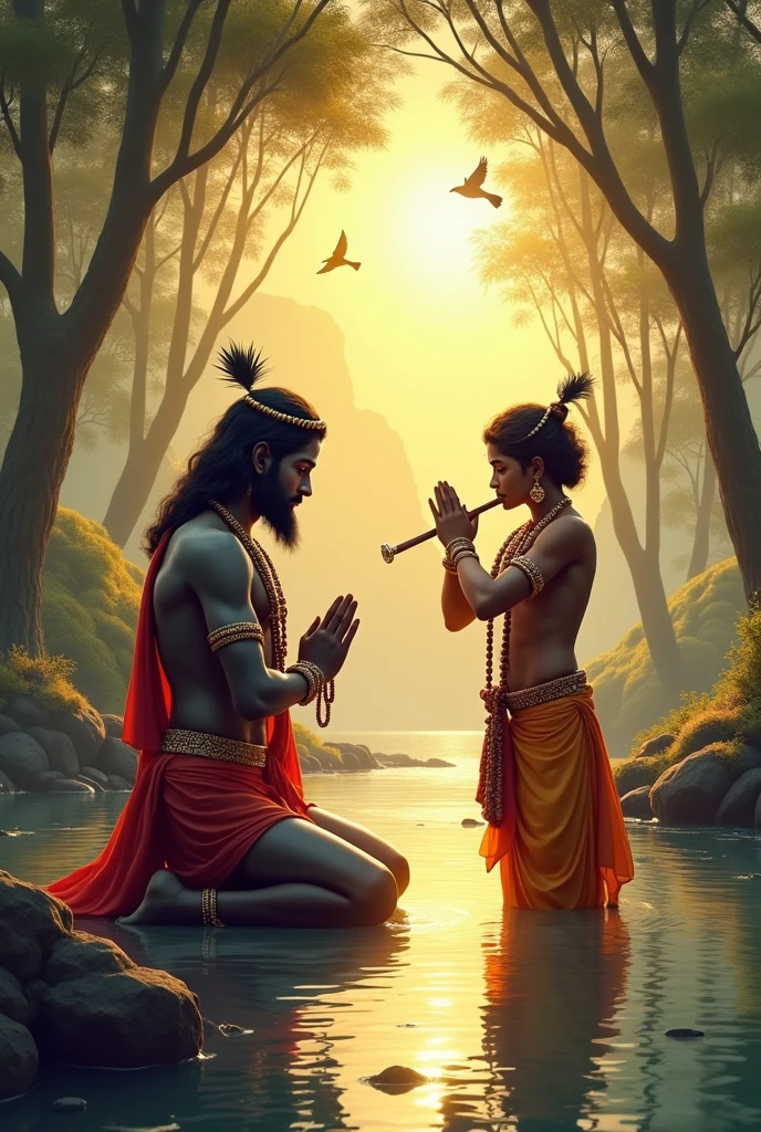 After the destruction of the Yadava dynasty, Lord Krishna saw that the time had come for him to also end his incarnation on this earth. He left for the forest and sat in meditation under a tree. There, a hunter named Jara saw Lord Krishna's foot from a distance, which looked like a deer. Jara shot an arrow, which hit Lord Krishna's foot.
When Jara came closer and saw, he understood that he had injured Lord Krishna. He became very sad and started apologizing. Lord Krishna pacified him and said that all this was part of destiny. After this, Lord Krishna abandoned his earthly body and returned to his divine abode.
Thus, the curse on Lord Krishna paved the way for the end of his lineage and the end of his incarnation. This story teaches us that even Gods, when they incarnate on earth, are subject to the cycle of time and destiny.
When Jara came closer and saw, he understood that he had injured Lord Krishna
the forest and siting in meditation under a tree. He became very sad and started apologizing. Lord Krishna pacified him and said that all this was part of destiny. After this, Lord Krishna abandoned his earthly body and returned to his divine abode.
Krishna Age: Ageless (eternal)
Clothes: Traditional dhoti and shawl and wire peacock par on his head.
Color: Dark blue or black (often depicted with a yellow dhoti)
Height: Average for a human form, but often depicted as taller than average
जरा (शिकारी)
Age: Middle-aged
Clothes: Simple hunter's attire, rugged and practical
Color: Tanned skin from outdoor living
Height: Average height, stocky build
These characters play significant roles in the narrative, each contributing to the unfolding of events leading to the conclusion of Lord Krishna's earthly incarnation. 3d style realistic image