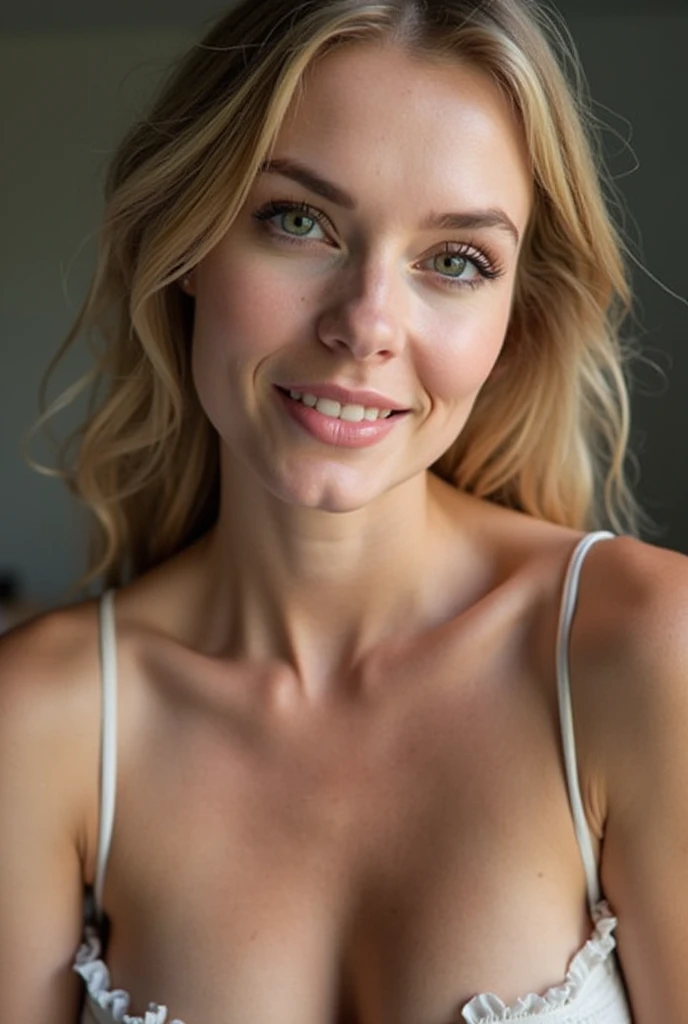 fashion model 25 years old, [[[[chest]]]], [[[[neck]]]], [[[[shoulders]]]], perfect eyes, perfect iris, perfect lips, perfect teeth, perfect skin, soft front light, glow, HDR, (muted colors:1.2) blond, cute smile, red clothes