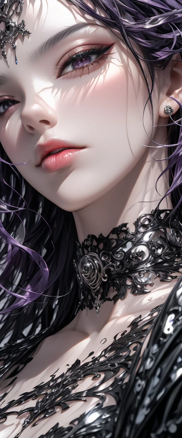 sexy clothes, character portrait, 3 9 9 0 s, long hair, difficult, elegant, very detailed, digital painting, ArtStation, conceptual art, smooth, sharp focus, illustration,((massive perfect breasts)),,, split,,,,,, dark purple eyes, black hair, gothic makeup, dark colors, high contrast, Gloomy atmosphere, very detailed skin texture, extreme details