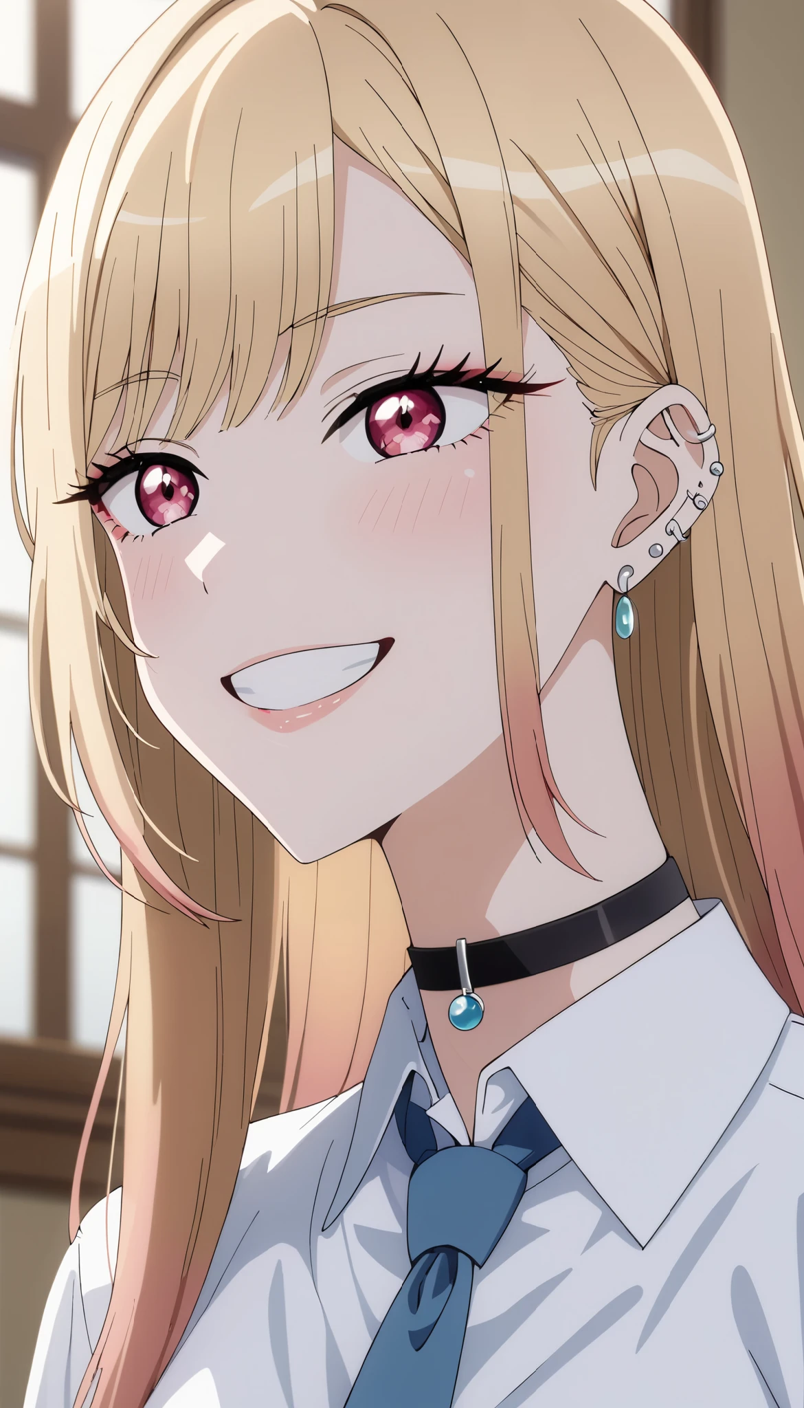 score_9, score_8_up, score_7_up, Anime Style, Masterpiece, Best Quality, High Quality, High Resolution, High Details, Accurate, intricate details, 1girl, kitagawa marin, sono bisque doll wa koi wo suru, blonde hair, red eyes, ear piercing, barbell piercing, black choker, collared shirt, white shirt, earrings, blue necktie, grin, v, upper body, Close-Up, Bokeh,