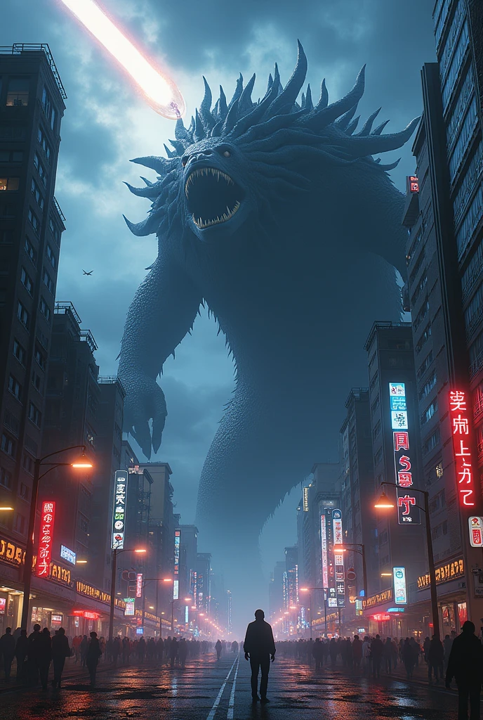 Tokyo、A large group of people are running away from a big black monster.、Horror、