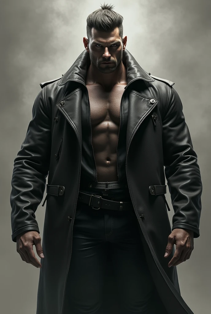 Handsome black muscular man wearing a short leather jacket, leather pants, Boots, and a wide leather belt.