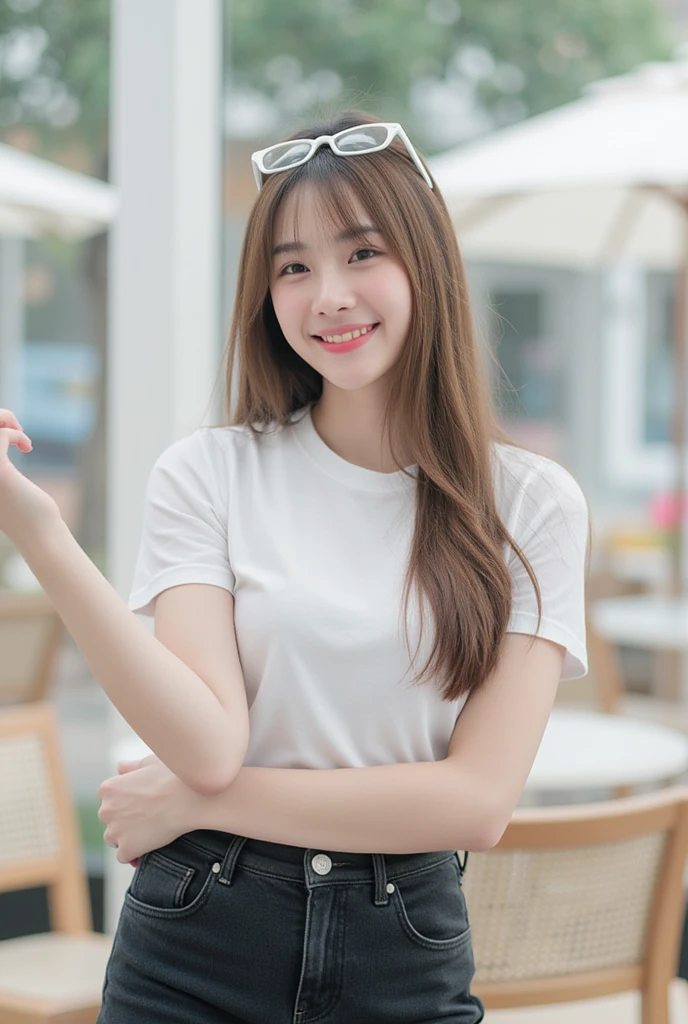  Korean girl with long hair ,  Natural Brown Hair ,   medium chest,  Smiling, seeing white teeth,  Wear a white cropped T-shirt with a round neck, short sleeves,  Long black jeans, RANDOM GESTURES, Standing Pose ,  Daylight  ,  daylight  ,That in the cafe  ,Fashionable glasses with a white frame are expected on the head,Wear white canvas