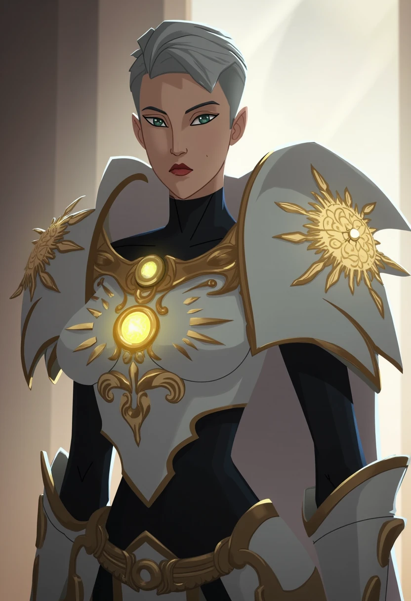 Warhammer 40000, Adeptus Sororitas, short gray hair, pixie hairstyle, white power armor with a golden pattern, Persian appearance, glowing eyes, magic, Gal Gadot.