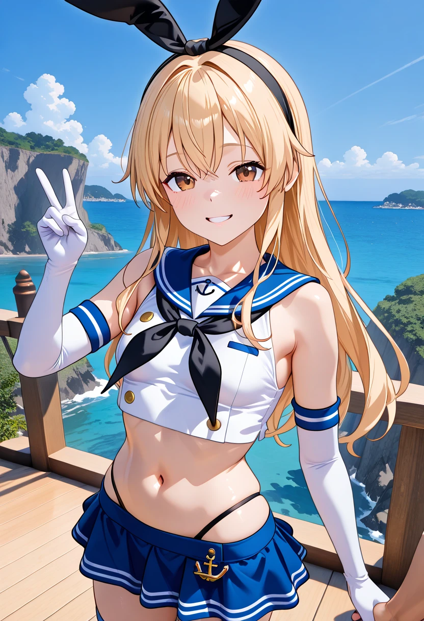  Super Realistic Pictures , RAW photos  , realism, 3d rendering ,Unity Engine),break 1girl, Alone, Island Breeze、 brown eyes、Blonde、 long hair、 headband、 black ribbon,  blue sailor suit、 sleeveless shirt、 crop top、 white gloves、 elbow gloves、 black neckerchief holding hands、 miniskirt、 high leg panties 、 striped knee socks、Grey shoes、anchor,(small breasts:1.2),((upper body))break (from front, look at viewer, face-focus),break (smile,  model pose, victory pose)