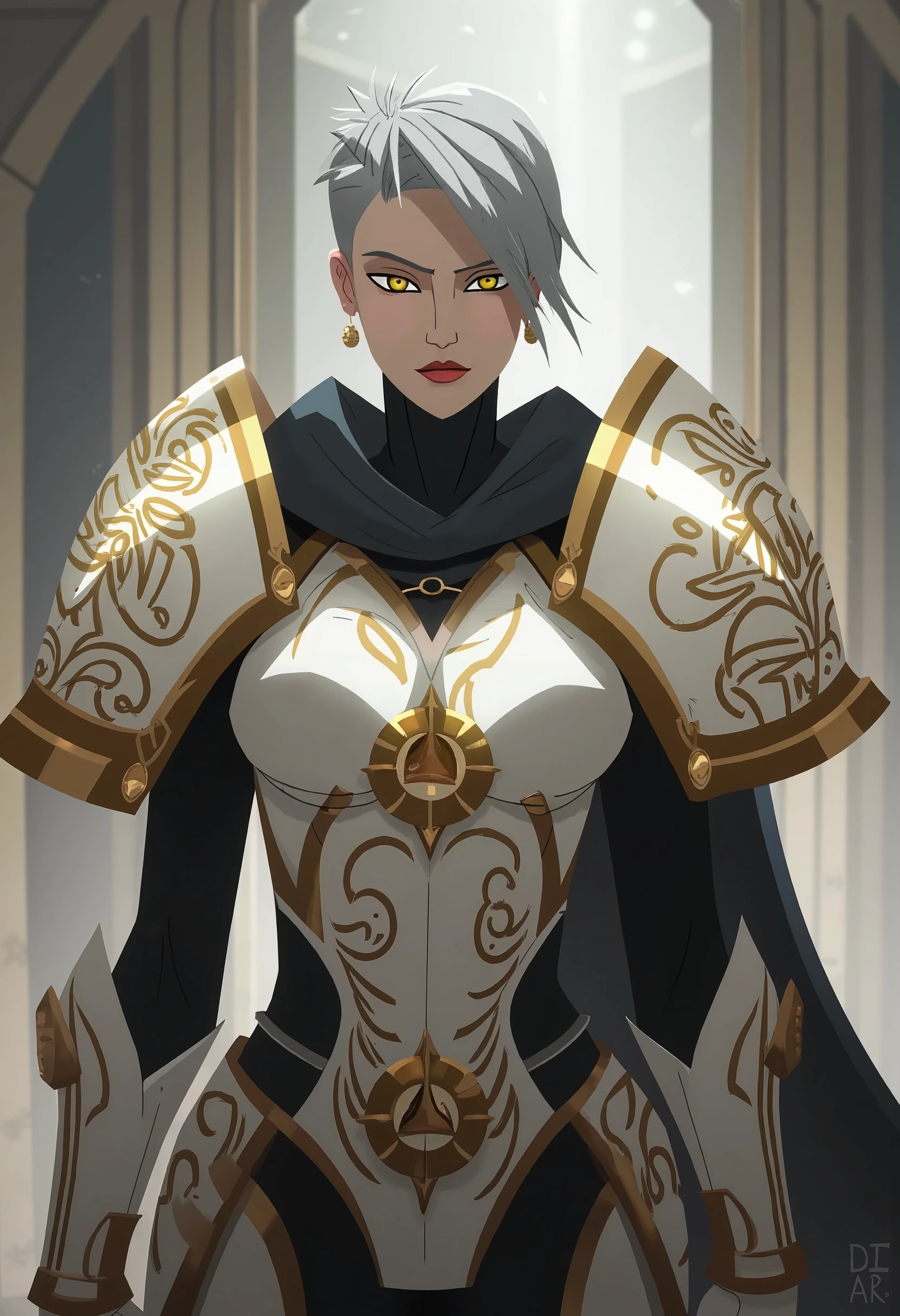 Warhammer 40000, Adeptus Sororitas, short gray hair, pixie hairstyle, white power armor with a golden pattern, Persian appearance, glowing eyes, magic, Gal Gadot.