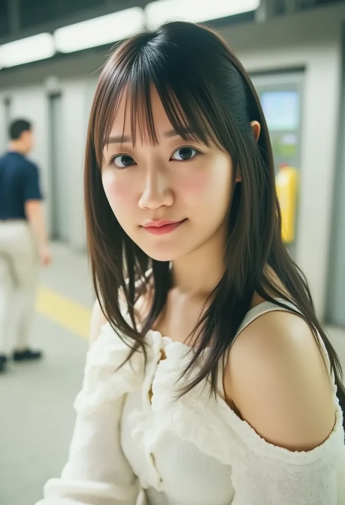 masutepiece, Best Quality, 8K, 10yaers old, Teen, Raw photo, absurderes, award winning portrait, Smile, Solo, Idol face, Delicate girl, Upper body, Digital SLR, Looking at Viewer, Candid, Sophisticated, Thin arms, Professional Lighting, Film grain, chromatic abberation, (Eyes and faces with detailed:1.0), (Bokeh:1.1) , Distant perspective , On the train , closes mouth , Sailor Uniform , A dark-haired , tiny chest , Being molested by a man
