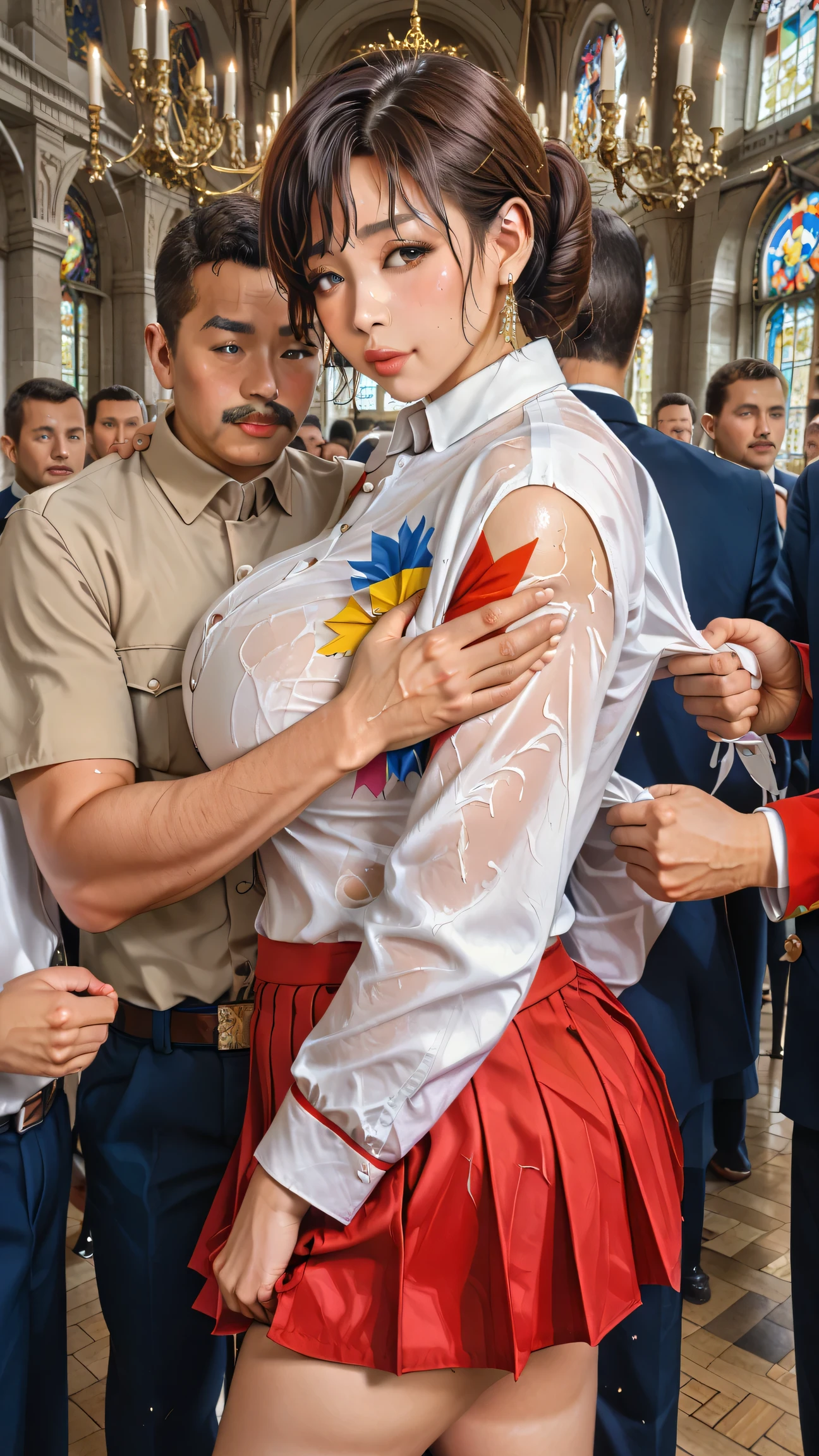 (molestation:1.8) Indian army officer, very big breasts, oversized saging breasts falling down, (white half sleeve shirt,dark green ( Bangladesh flag),pleated short skirt, dark brown shoulder length hair,bangs,ear:1.2),Chest grab, in the train, grab your butt hole, Multiple army officer men around her grab her breasts and lifting short Skirt ,chest grab, multiple hands, masterpiece, highest quality, very detailed, molestation, crowd of army, crowd sung, very realistic face, very realistic eyes, crowd of men around her, the person who grabs her body, I squeezed my chest，（army clothes torn to pieces）, molestation, masterpiece, highest quality, very detailed, 1 girl, multiple hands, Grab your ass with the crazy crowd, Chest grab，bodybuilder body，tall and beautiful，bare shoulders，, the men around her, squeezed body, Many people grab their chests, Be beaten, pulling on clothes, very wet and sweaty, grab clothes, (There are no women in the crowd:0.1), man with weapons，blush face，,indian woman, Indian rich female nude woman peeing on the floor in a royal palace outside, huge licuid pee dropping from vagina,ass hole,realistic, highly detailed, puffy fat vagina,wet vagina,extremely detailed human anatomy, detailed indian facial features, beautiful detailed eyes, beautiful detailed lips, highly detailed skin Indian texture, ornate palace architecture, marble columns, stained glass windows, chandelier, dramatic lighting, warm color tones, photorealistic, 8k, high quality, masterpiece, focus vaginal area