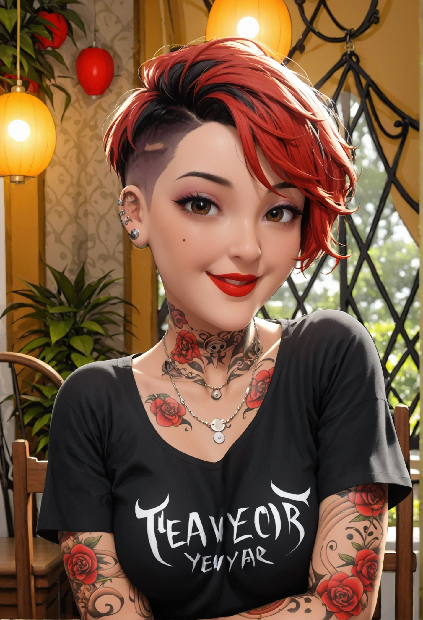  Disney cartoon Happy 40-year-old tattoo artist with red hair Pixie cut with brown eyes with tattoos on her body wearing a black t-shirt with the words "ArtesaNature" written in it in font with capitular initial  &  body tattoos sitting in front of a table drawing at the tattoo studio   