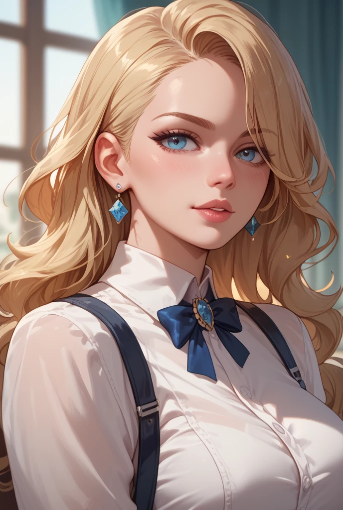 Imagine a stunning illustration inspired by the art style of Wlop and Oh! Great. In it, a pretty girl with long blonde hair, simple, green eyes, is depicted wearing a charming school uniform. His soft and serene expression conveys an aura of delicacy. It is in a typical Wlop art scene, with futuristic and fantastic elements blended harmoniously. The lighting is carefully crafted to highlight the girl's beauty, creating a play of shadows and highlights that accentuate her facial features and the softness of her hair. The overall atmosphere of the image is mysterious and enchanting, enveloping the character in a captivating environment and filled with vibrant colors.