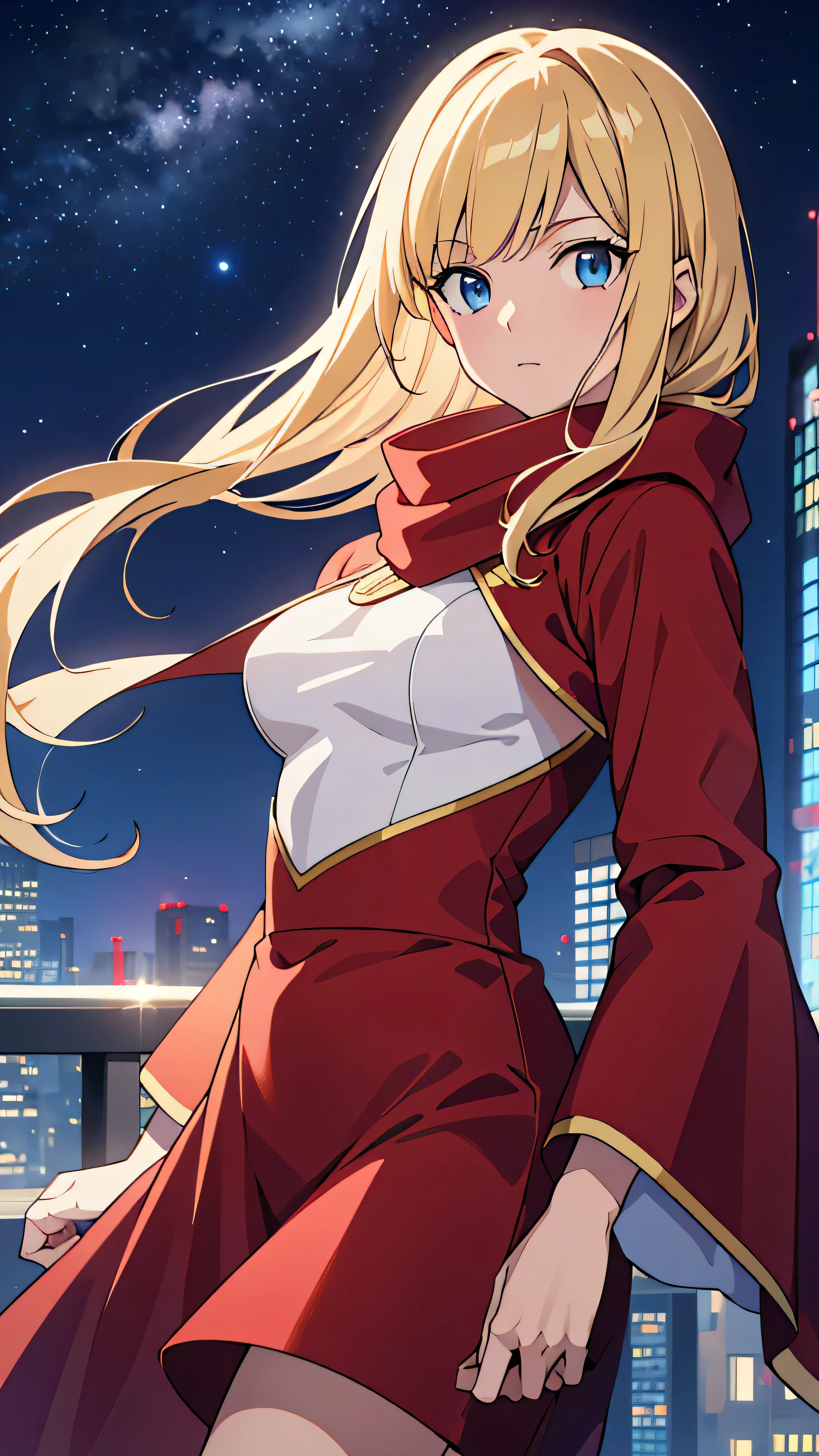  in high-definition images， realistic and detailed anime 009 、003 Francoise 、  blond hair、  wearing a white cyborg 009 costume、 wearing a red scarf 。 beautiful woman's 003  、Françoise Arnoux  、Detailed image of Cyborg 003  、 jumping over a building from a night view  、 a red cloak fluttering 、 Milky Way Galaxy Background 。