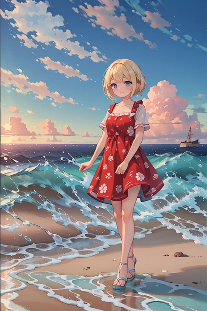 (8k,  super high quality , masterpiece:1.2),  super high res,  one woman,  cute,  small breasts,  blondes, Navy Blue Dress, Red floral pattern, Sandals, Hawaiian Dress, whole body, soaked,  like a ,  best smile , sea, sea水浴, Water Drop, whole bodyにWater Drop,  their chest is soaked in water , Lots of water,  playing in the water, 