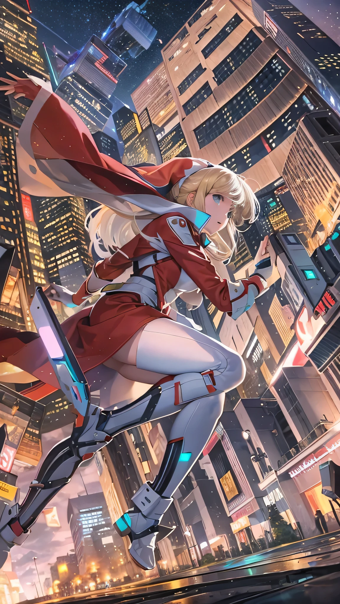 in high-definition images, realistic and detailed anime 009 、003 Francoise 、 blond hair、 wearing a white cyborg 009 costume、 wearing a red scarf 。 beautiful woman's 003 、Françoise Arnoux 、Detailed image of Cyborg 003 、 jumping over a building from a night view 、 a red cloak fluttering 、 Milky Way Galaxy Background 。