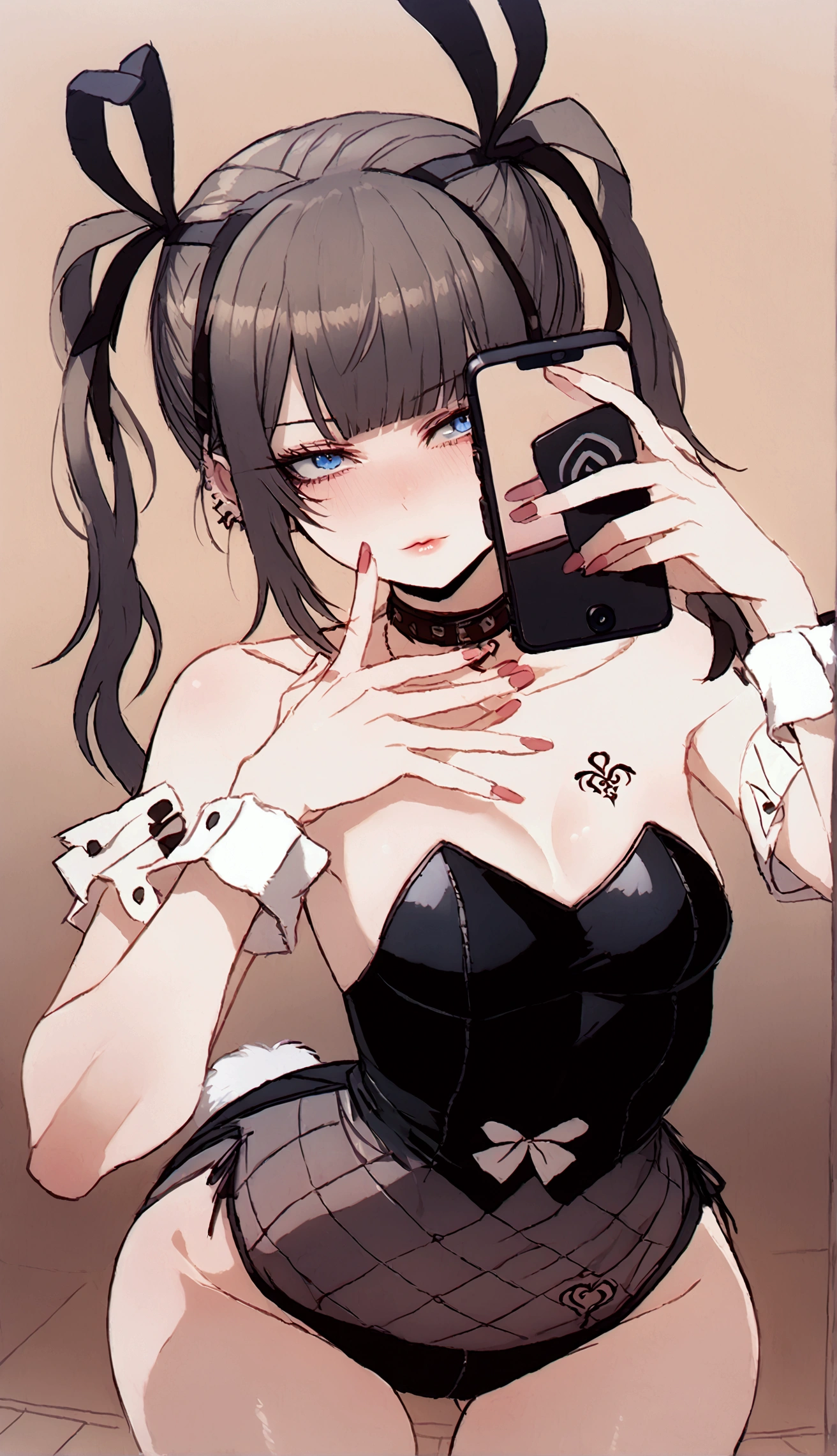 Ratatatat74 style, Marie rose, small breasts, one girl, blonde hair, Long Hair, twin tails, blunt bangs, blue eyes, taking selfies, QoS tattoo, breast tattoo, bunny outfit