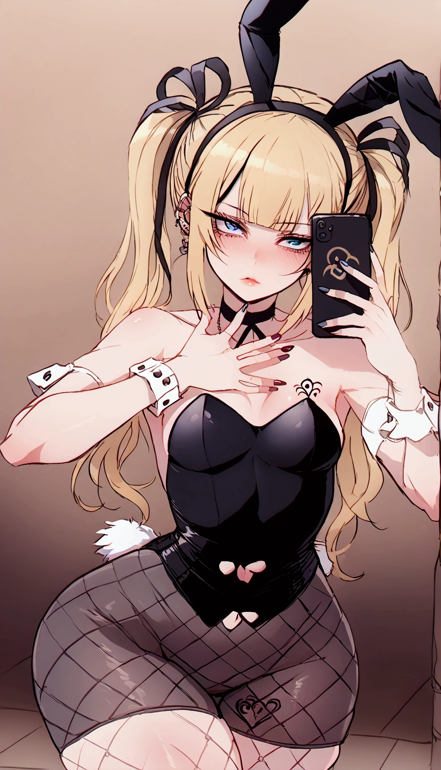 Ratatatat74 style, Marie rose, small breasts, one girl, blonde hair, Long Hair, twin tails, blunt bangs, blue eyes, taking selfies, QoS tattoo, breast tattoo, bunny outfit