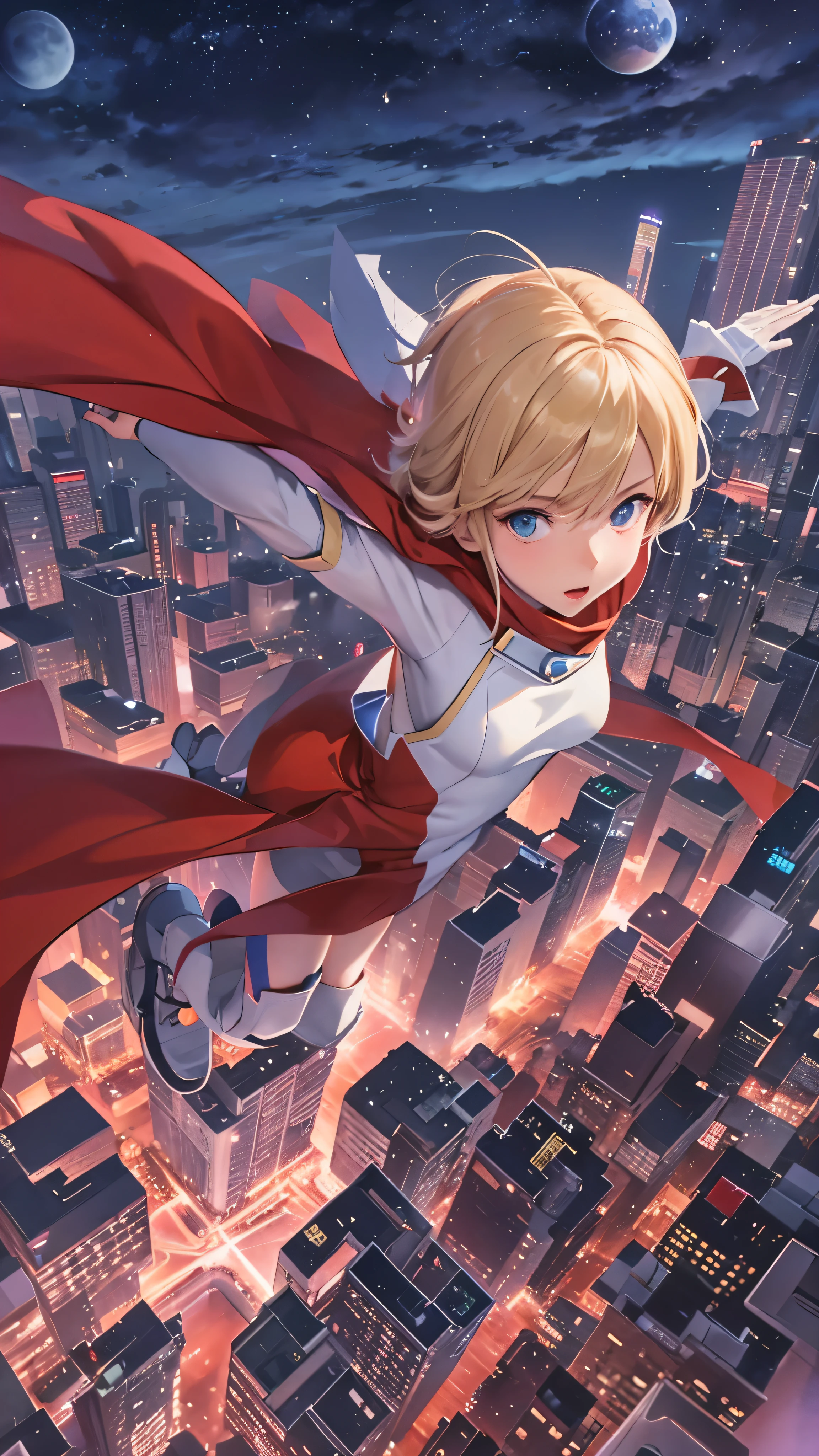  in high-definition images， realistic and detailed anime 009 、003 Francoise 、  blond hair、  wearing a white cyborg 009 costume、 wearing a red scarf 。 beautiful woman's 003  、Françoise Arnoux  、Detailed image of Cyborg 003  、 jumping over a building from a night view  、 a red cloak fluttering 、 Milky Way Galaxy Background 。