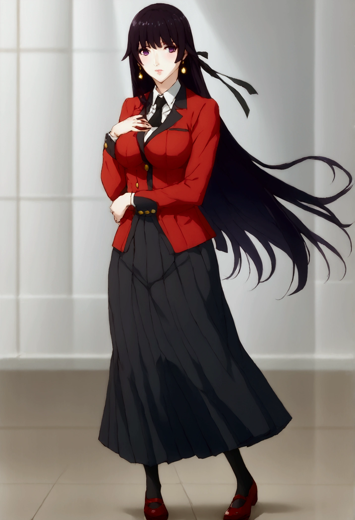 (1 girl,  anime style , anime 2d, detailed, realistic line,  good resolution ),  a beautiful high school girl with large breasts ,  beautiful and well-defined body ,  long hair with a length that reaches up to the waist ,  bluish black hair ,  long bangs and locks that reach breast height , ( beautiful and shiny hair ),  beautiful, rosy lips , fair and beautiful skin, pretty purple eyes , (olhos bonitos e detaileds),  and a red eyeliner on her eyes ,  wearing gold earrings with a bow in her hair ,  the character is wearing a traditional uniform with a white shirt with small horizontal stripes,  and a red jacket with buttons And a collar around the neck and a black tie ,  and a gray mini skirt with long black socks and traditional shoes ,  the character is standing with her eyes Half-closed looking at the protagonist and the background will be a school 