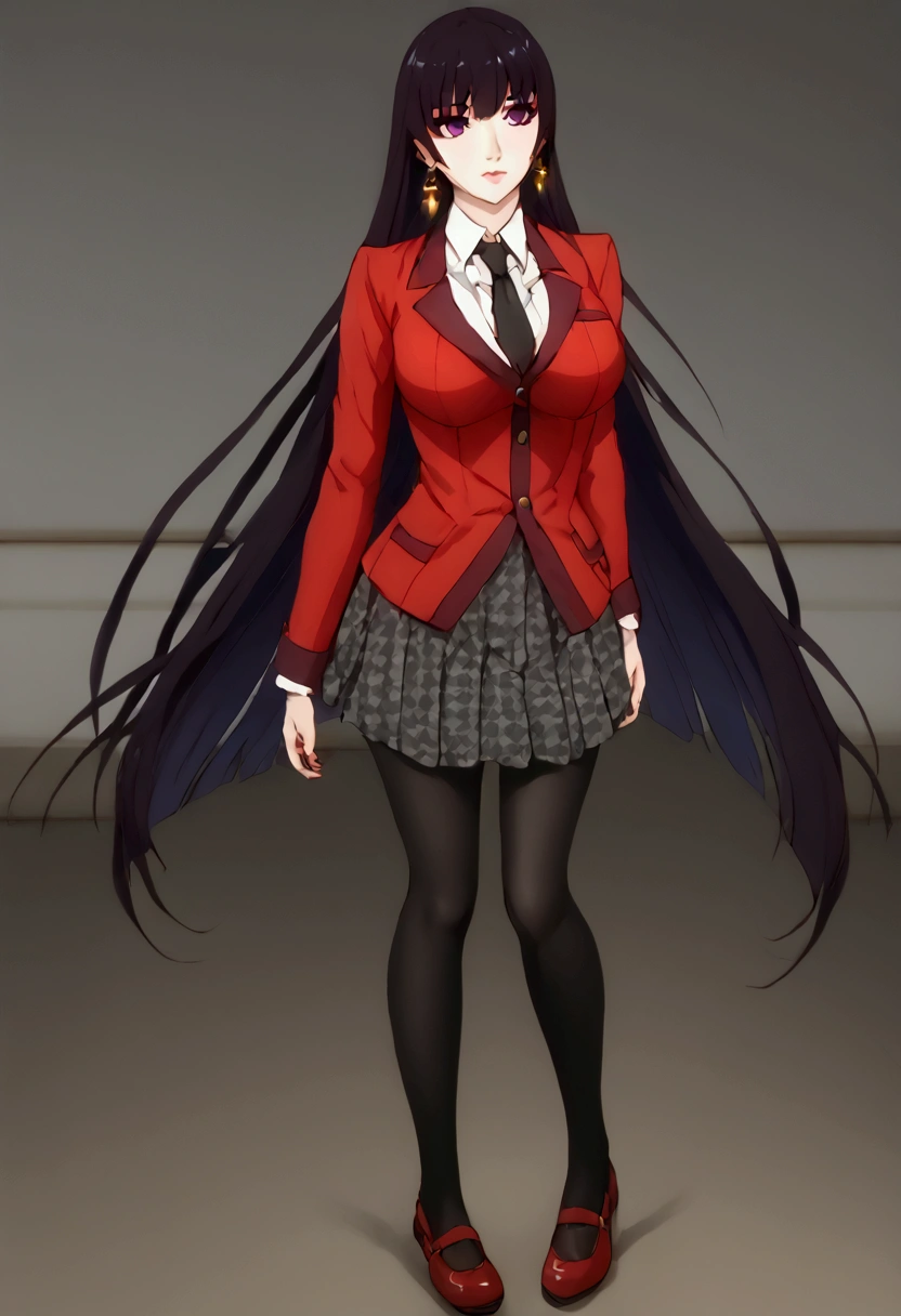 (1 girl, anime style , anime 2d, detailed, realistic line, good resolution ), a beautiful high school girl with large , beautiful and well-defined body , long hair with a length that reaches up to the waist , bluish black hair , long bangs and locks that reach height , ( beautiful and shiny hair ), beautiful, rosy lips , fair and beautiful skin, pretty purple eyes , (olhos bonitos e detaileds), and a red eyeliner on her eyes , wearing gold earrings with a bow in her hair , the character is wearing a traditional uniform with a white shirt with small horizontal stripes, and a red jacket with buttons And a collar around the neck and a black tie , and a gray with long black socks and traditional shoes , the character is standing with her eyes Half-closed looking at the protagonist and the background will be a school