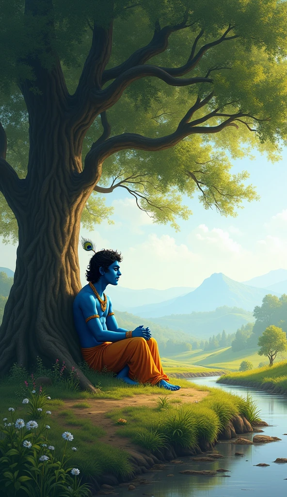Picture a serene landscape with a large banyan tree at its center, its roots spreading wide and deep, offering shade and shelter. Underneath the tree, Krishna is seated in deep meditation, his eyes closed, and a gentle smile on his lips. The Yamuna River flows quietly nearby, with lotus flowers blooming along its banks. The entire scene is bathed in a soft, golden light of the setting sun, creating an atmosphere of tranquility and divine peace. This image represents the ultimate state of acceptance in relationships, free from expectations, where peace and happiness naturally follow. the person should be of blue skin colour. he should be wearing yellow colour dhoti 