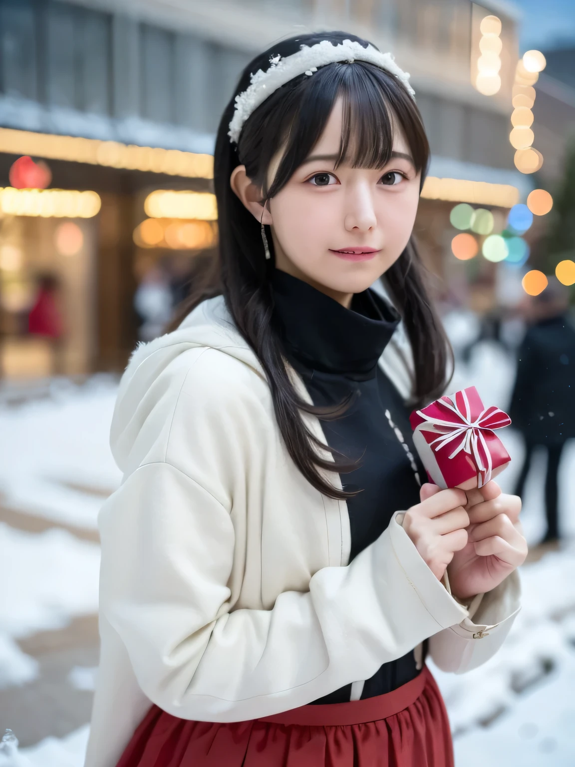 A young woman dressed in a classic Santa Claus outfit stands at a bustling street corner, her red and white coat and matching skirt perfectly tailored to her petite frame. Black boots crunch softly against a thin layer of fresh snow. On her back, she carries a large white sack brimming with presents, the fabric slightly bulging as if barely containing the festive treasures within. The warm glow of Christmas lights strung across storefronts reflects off the snow-covered ground, while the sky transitions from a fiery orange of sunset to a deepening twilight blue. Snowflakes drift lazily through the air, adding a touch of magic to the scene. Her radiant smile and sparkling eyes exude joy, creating a stark yet heartwarming contrast to the serene winter evening, embodying the spirit of the season. 20-year-old woman. smiles gently, FRIENDLY. ( RAW photos ,  top quality ), ( realistic , photo- realistic :1.4), masterpiece,  extremely delicate and beautiful,  extremely detailed, 2k wallpaper,  wonderful, Detailed description,  extremely detailed CG unity 8k wallpaper,  ULTRA DETAIL,  high res, Soft light,  beautiful detailed girl looking back,  extremely detailed eyes and face,  beautiful detailed nose,  beautiful detailed eyes, cinematic lighting , Perfect Anatomy, slender body.
