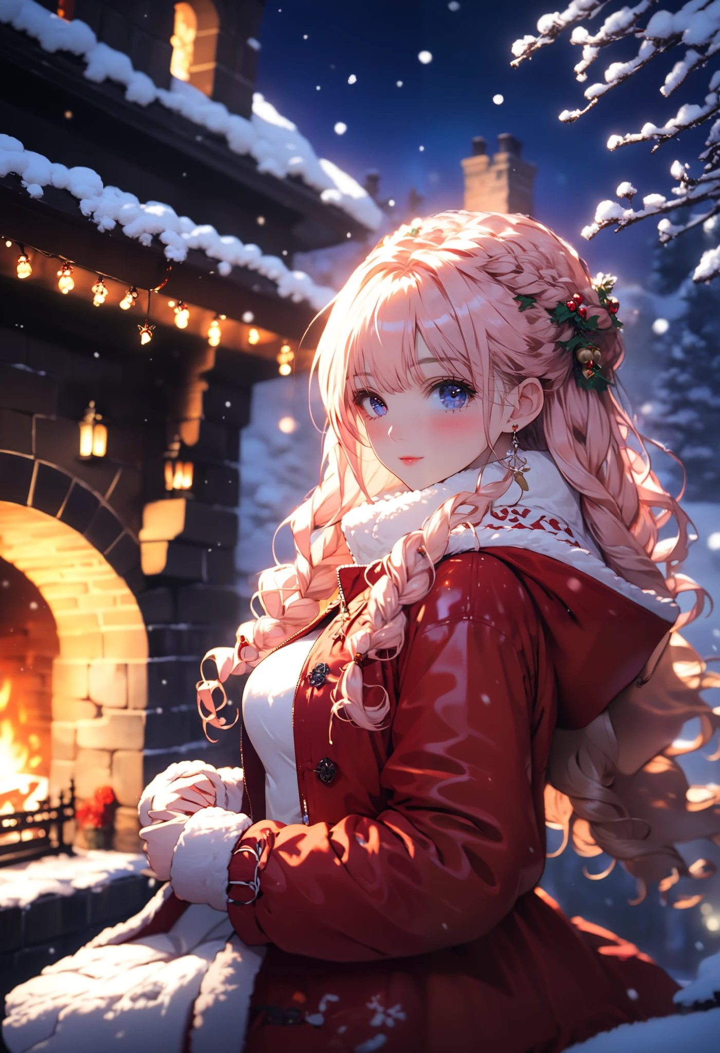 anime,  girl ,  Beautiful,  sexy, Winter Jacket , cute,  Light Makeup ,  curvy hair ,  perfect anatomy ,  background Fireplace overlooking the snow ,  there is a red raincoat decorated with garlands and bells on the fireplace,  beautiful colors , bright colors,  better quality , 8 k,  complicated details,  maximum quality ,  complicated details,