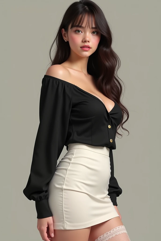 Half-length glamour portrait, nikon D850, f1.6 lens, 200mm, DSLR, 22 Megapixels, ((( Gardens of Versailles, France scene))), shot of a stunning 19 years old korean girl, (smile:1.4), (wearing Skirt suit with Light gray high-neck blouse:1.6), ((seductive pose)), hot girl, (((big natural breasts))), (((black fringe hair))), (small girl), symmetrical face, photorealistic, photography, (bright natural lighting), gorgeous, deep cleavage, (masterpiece), best quality, high resolution, extremely detailed, cinematic lighting, (((very narrow waist))), rich colors, hyper realistic, lifelike texture, ((jewelry)), (((She has beautiful hands and wears rings))), (bracelet), (necklace), (ankle chain), (nail polish) (earrings), Fuji Superia 200, 8k